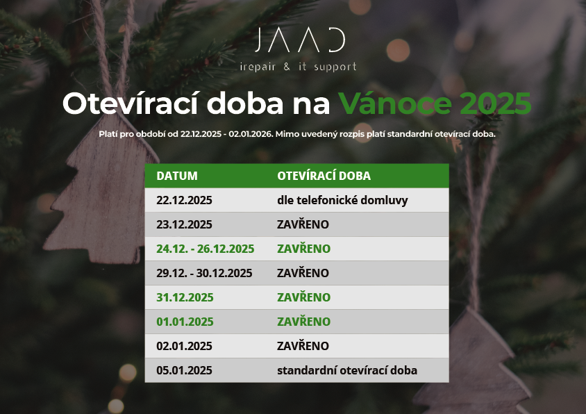 Otevírací doba JAAD servis na období Vánoc 2025.